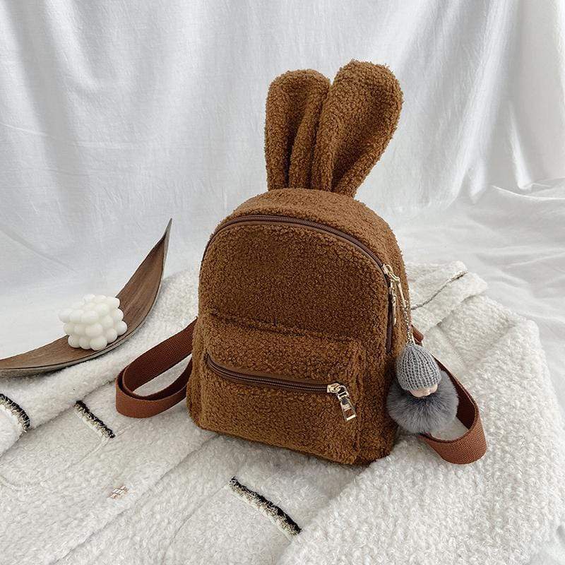 White Tanuki 棕色 Fluffy Bunny Backpack