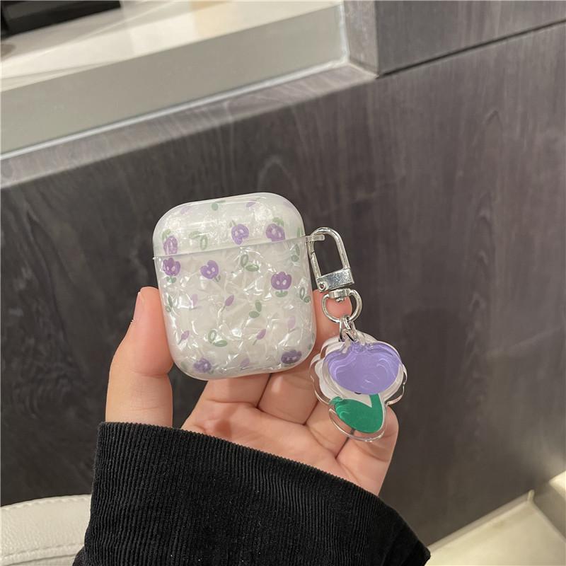 White Tanuki 淡紫色郁金香1/2代耳机壳+挂饰 Purple Flowers Airpods Case