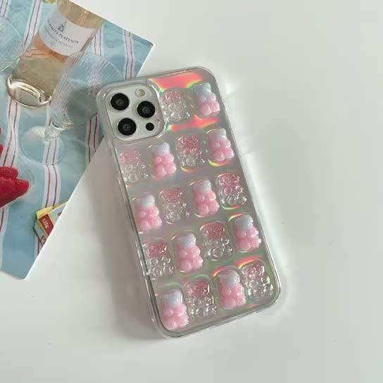White Tanuki 苹果12promax  镭射粉嫩小熊 Ombre Gummy Bears Phone Case