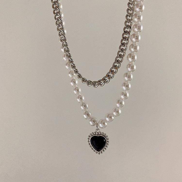 White Tanuki Black Heart Layered Necklace