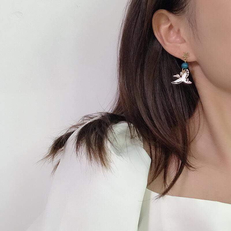 White Tanuki Blue Crane Earrings