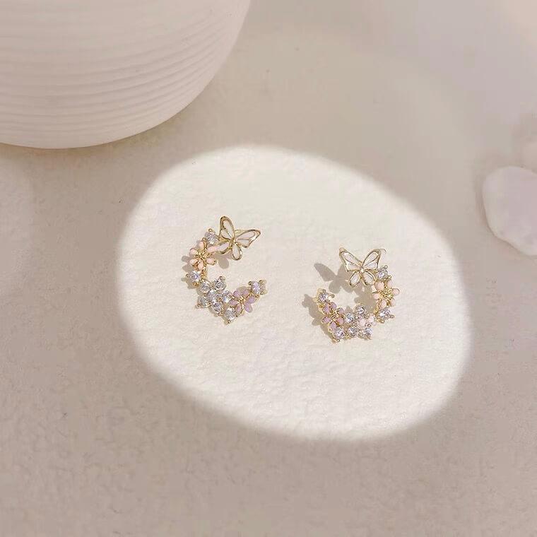White Tanuki Butterfly Crescent Earrings