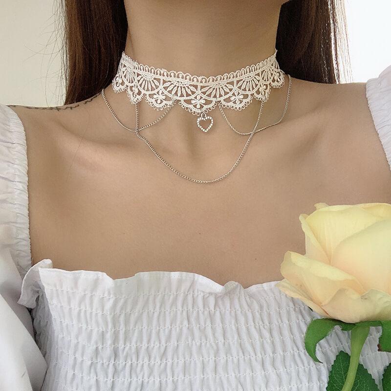  Todu White Choker Camellia Flower Lace-up Necklace
