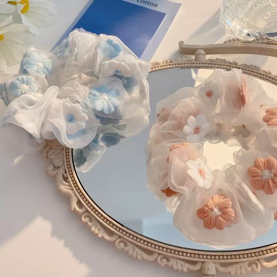 White Tanuki Floral Scrunchies