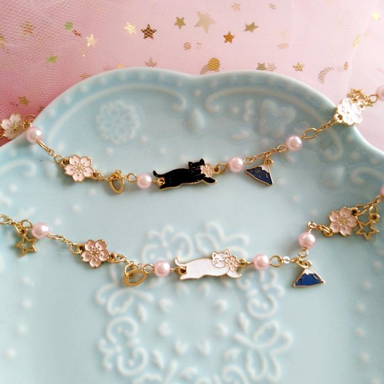 White Tanuki Sakura Cat Bracelet