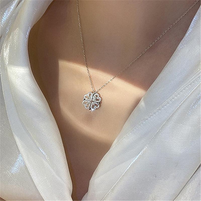 White Tanuki Silver Clover Hearts Necklace