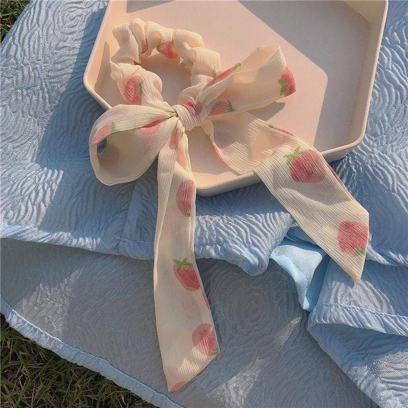 White Tanuki Strawberry Bow Scrunchies