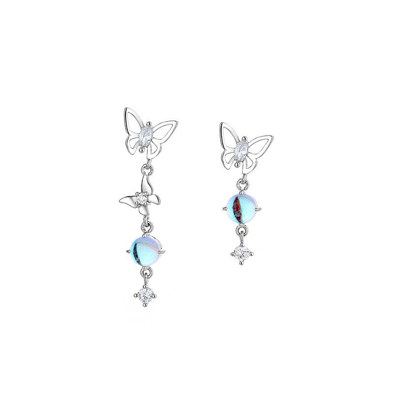 White Tanuki 月光石蝴蝶耳环（白金色配耳堵） Blue Butterflies Earrings