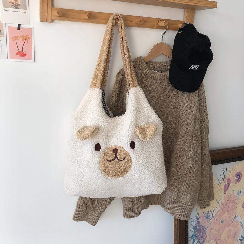 White Tanuki 米色耳朵小熊（不含挂件） Fluffy Puppy Tote Bag