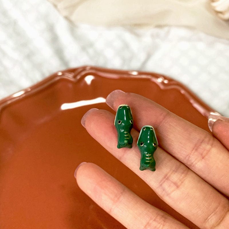 White Tanuki Green Dino Earrings