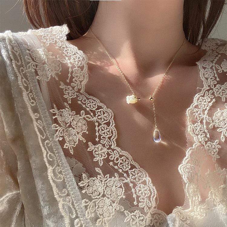 White Tanuki Morning Rose Necklace