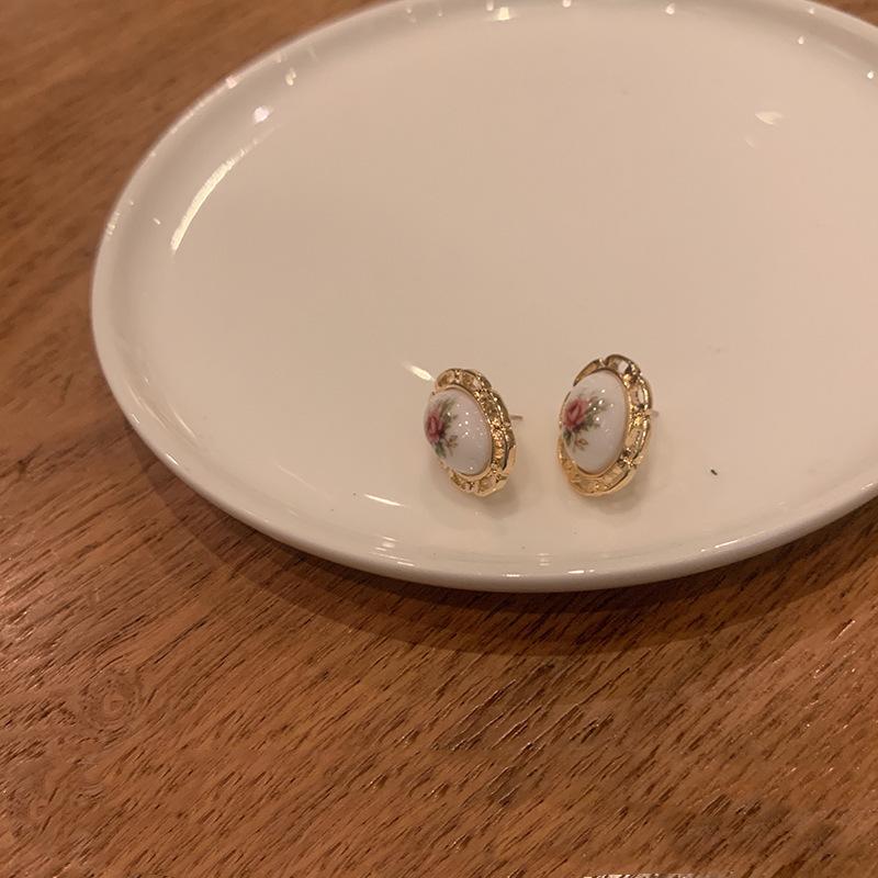 White Tanuki Porcelain Rose Earrings