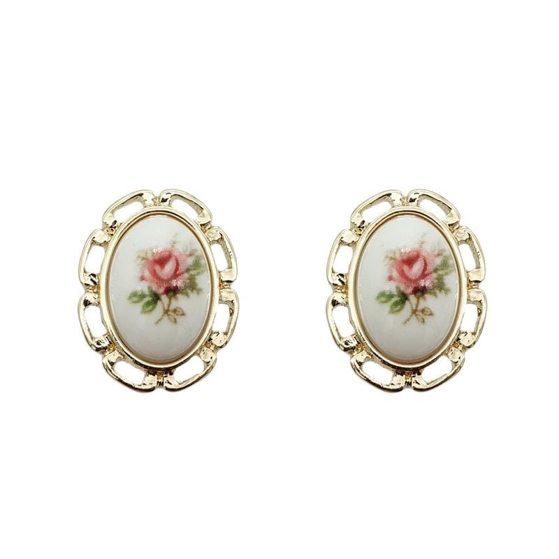 White Tanuki Porcelain Rose Earrings