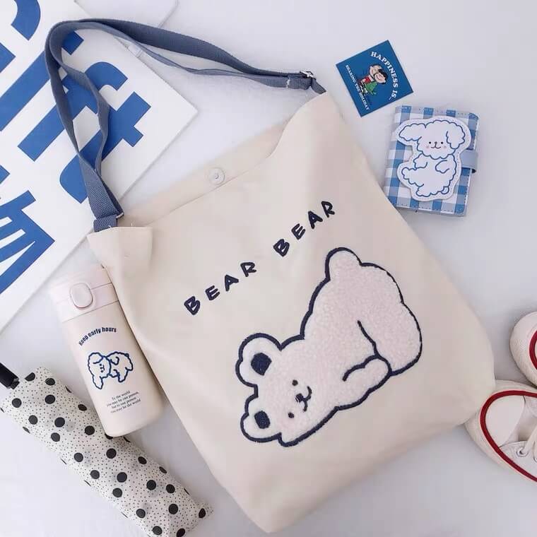 White Tanuki Adjustable Strap Soft Bear Tote Bag