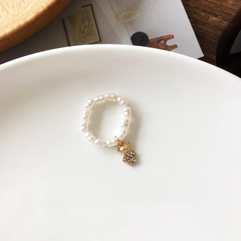 White Tanuki Bear Pearl Charm Ring