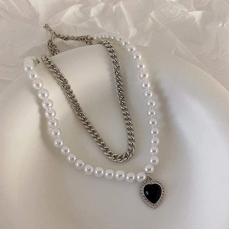 White Tanuki Black Heart Layered Necklace