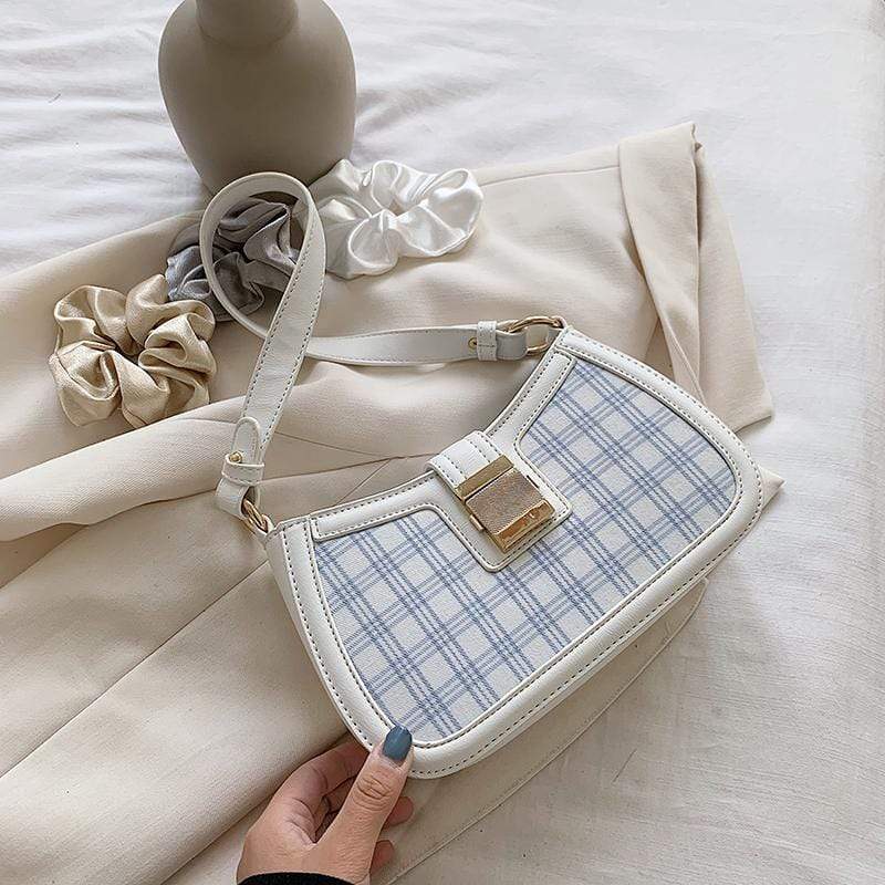 Blue Plaid Baguette Bag | White Tanuki