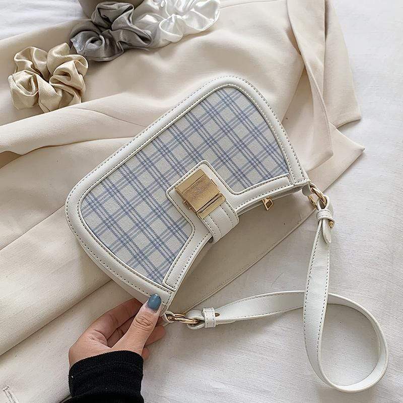 Blue Plaid Baguette Bag | White Tanuki