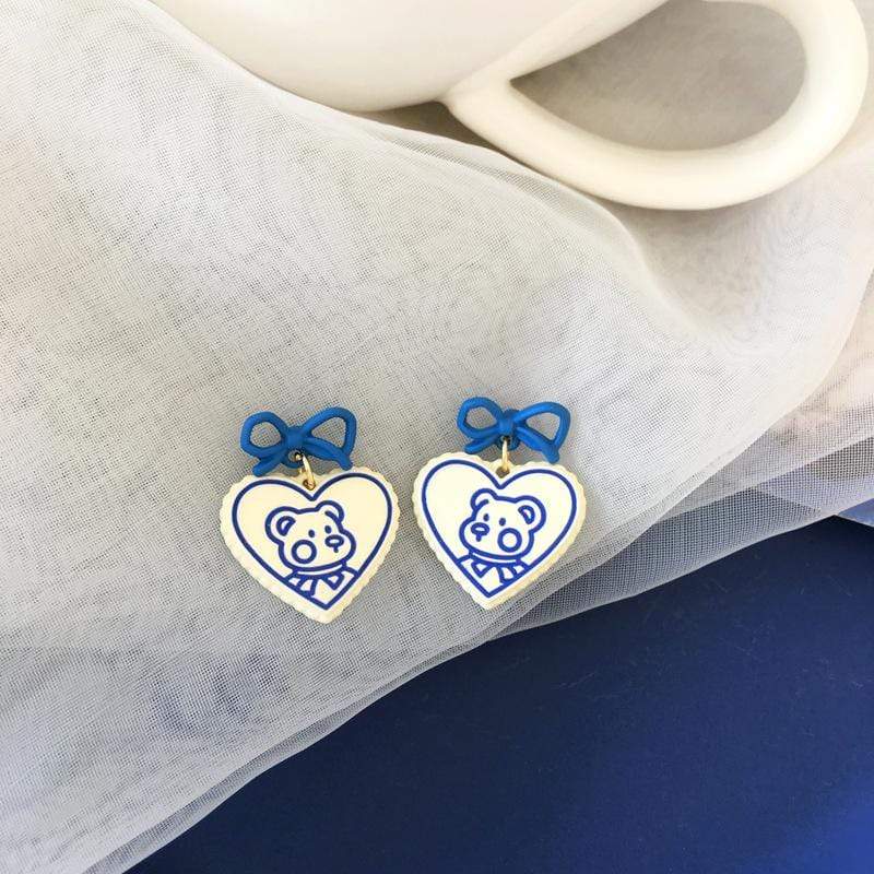 White Tanuki Blue White Teddy Earrings