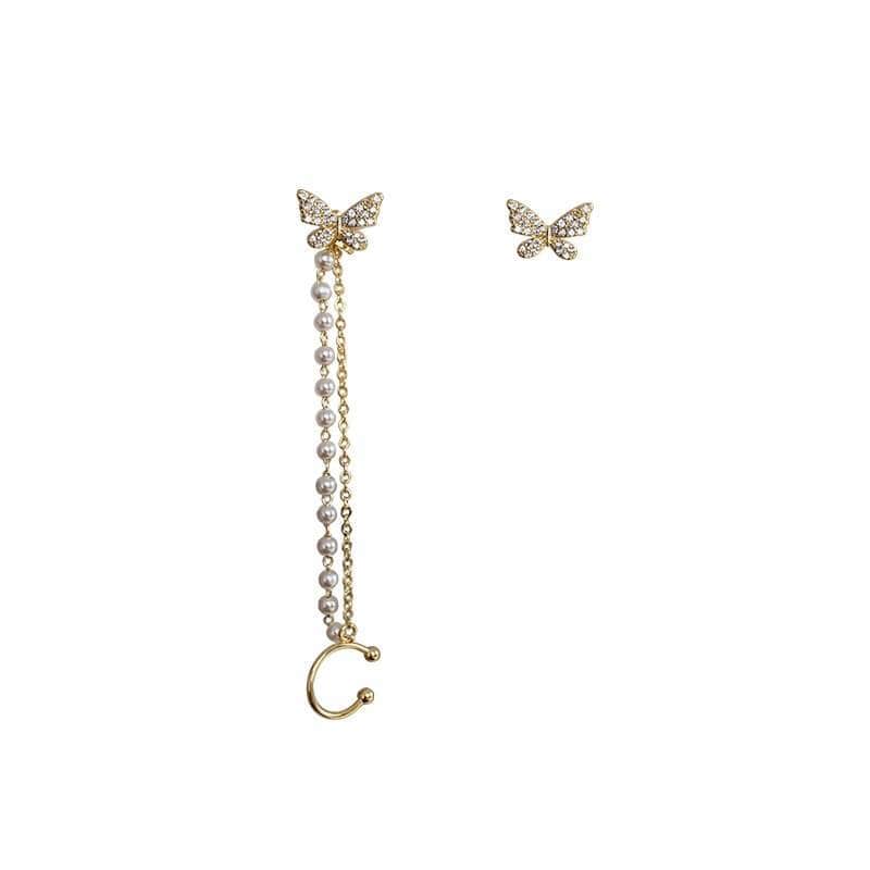 White Tanuki Butterfly with Pearls Ear Cuff