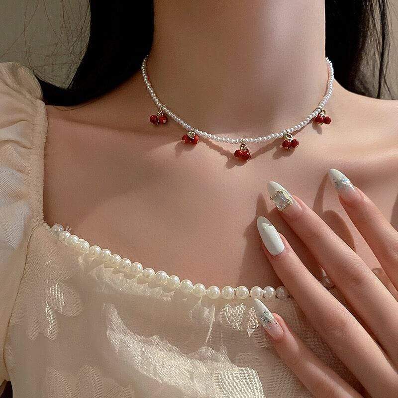 White Tanuki Cherry Pearl Necklace
