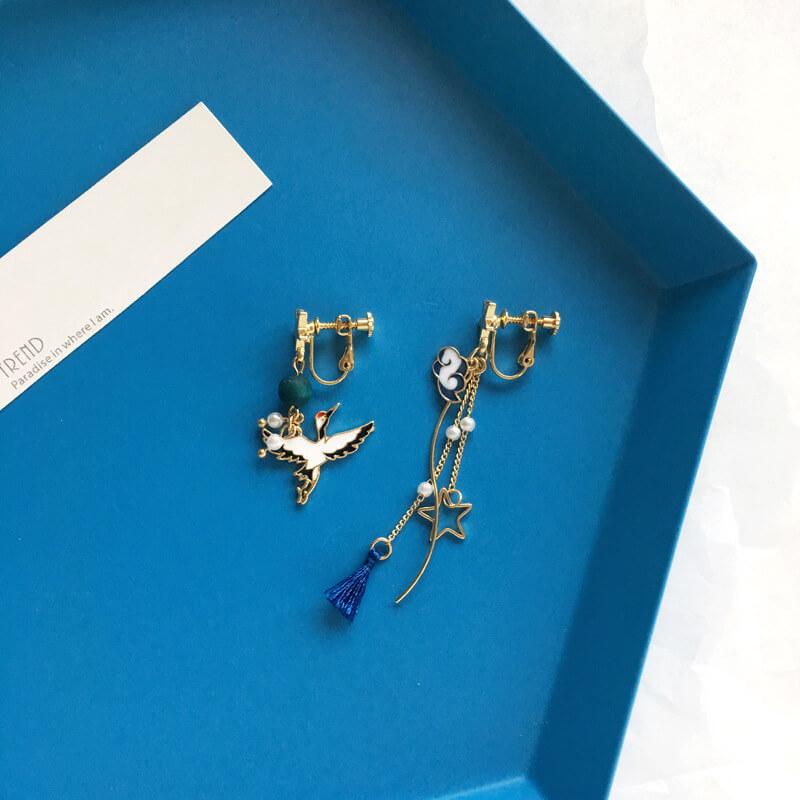 White Tanuki Clip-Ons (Non-Pierced Ears) Blue Crane Earrings