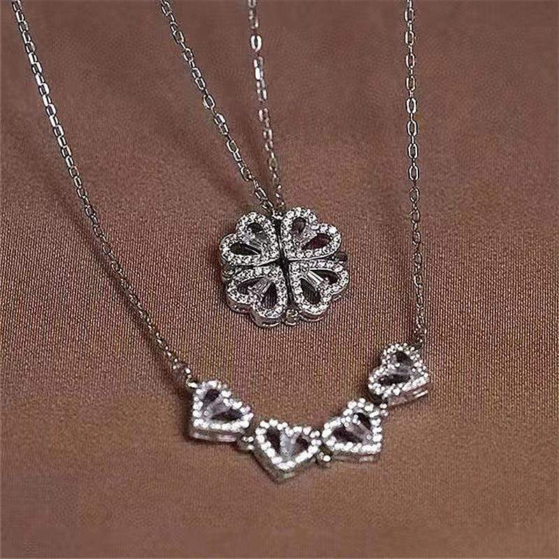 White Tanuki Clover Hearts Necklace