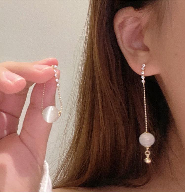 White Tanuki Crystal Orb Earrings