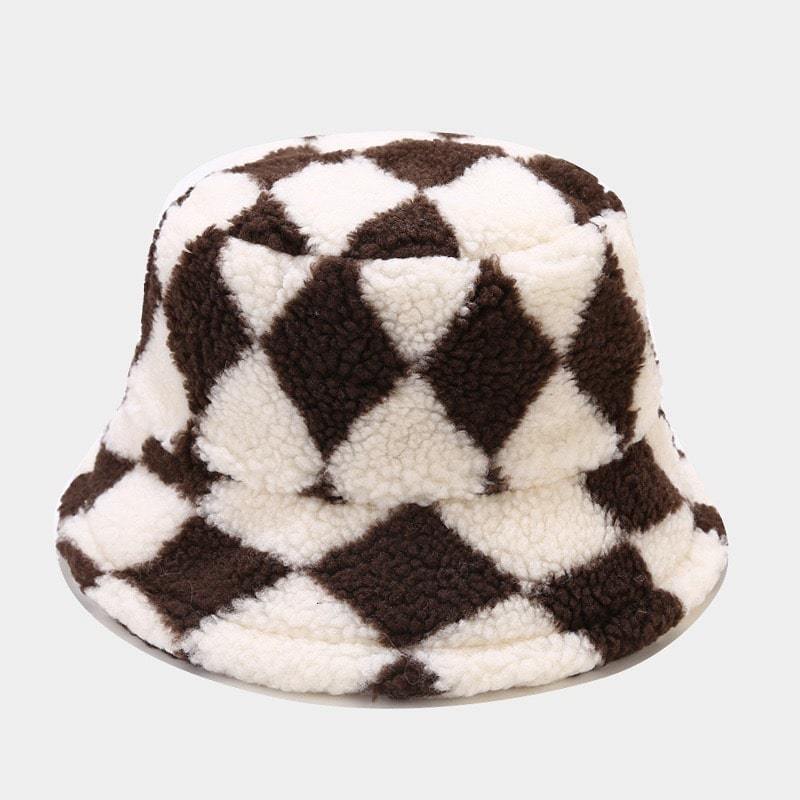White Tanuki Dark Brown Fluffy Harlequin Bucket Hat