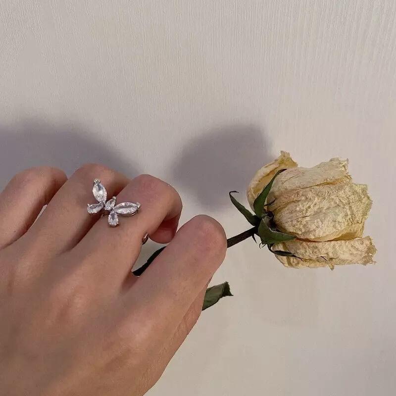 White Tanuki Diamond Butterfly Ring