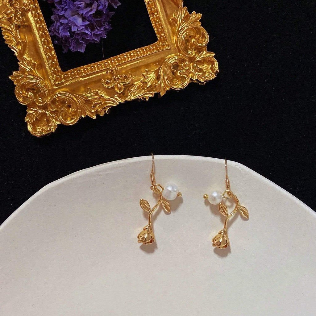 White Tanuki Ear Hook (For Pierced Ears) Gold Rose Earrings