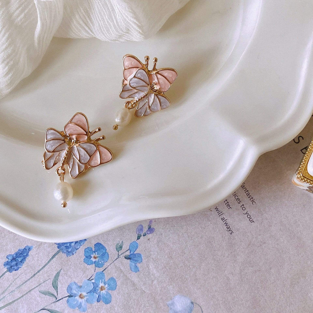 White Tanuki Ear Stud (For Pierced Ears) Pastel Butterflies Earrings