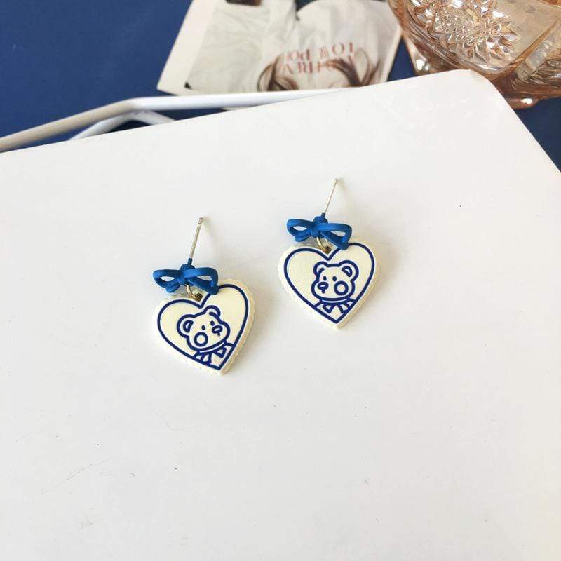 White Tanuki Ear Stud (Pierced) Blue White Teddy Earrings