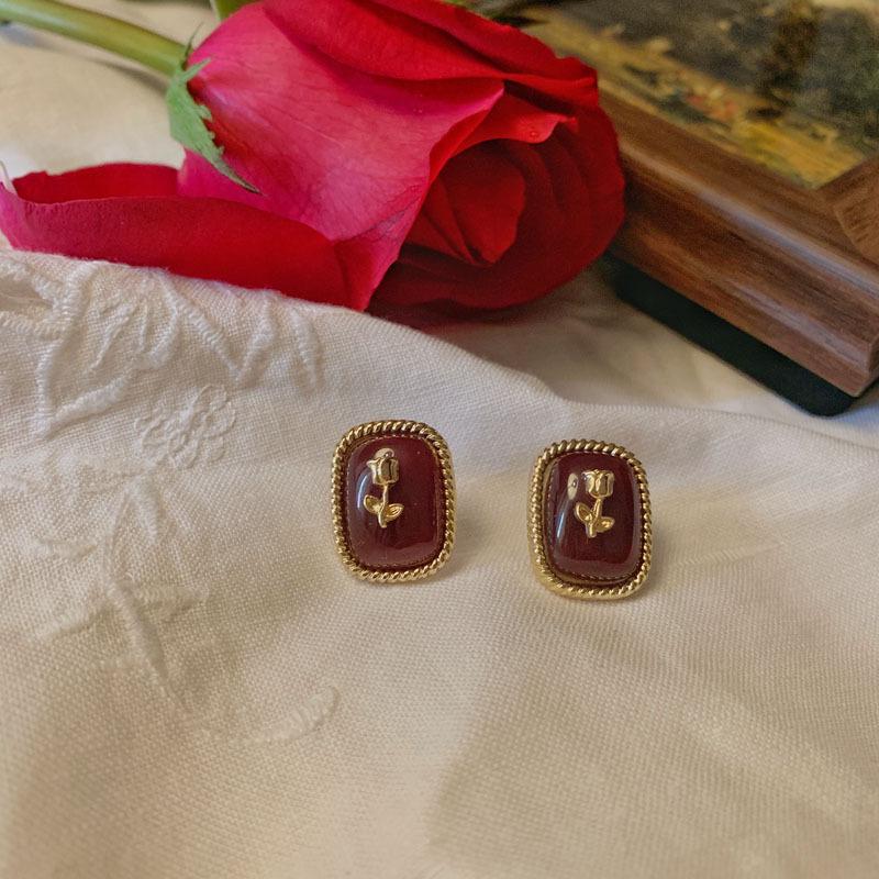White Tanuki Ear Stud (Pierced Ears) Vintage Style Rose Earrings
