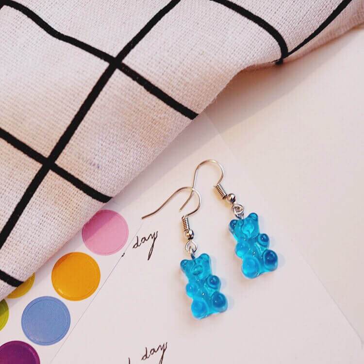 White Tanuki Earring Blue Raspberry Gummy Bear Earrings