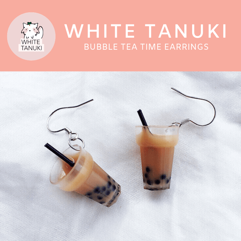 White Tanuki Earring Bubble Tea Time Earrings