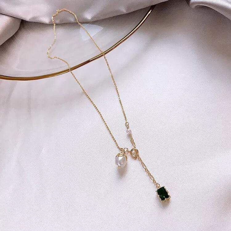 White Tanuki Emerald and Pearl Necklace