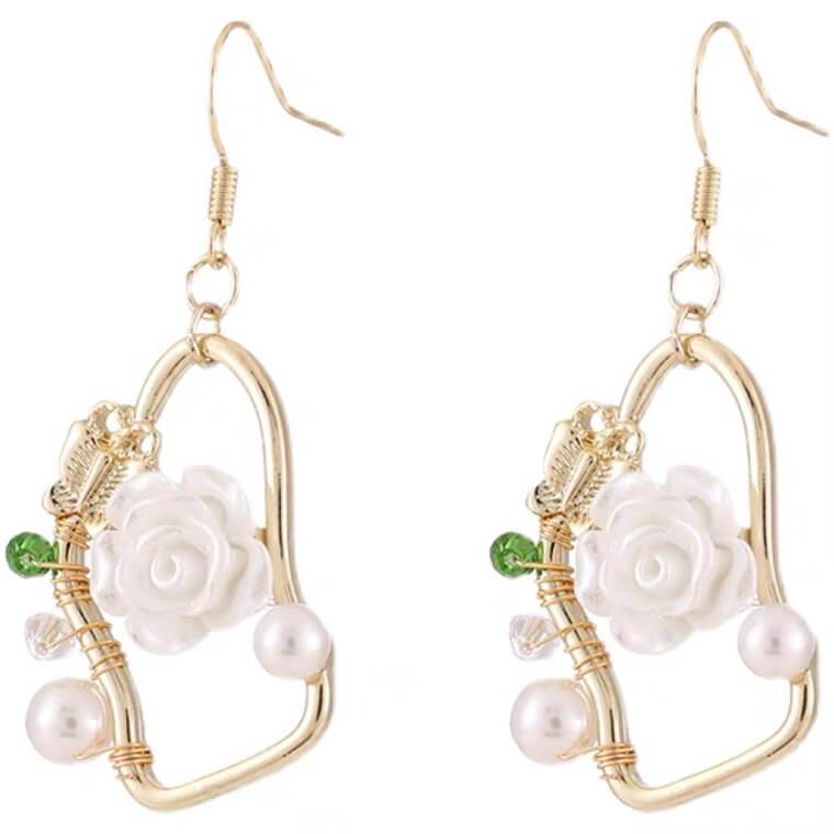 White Tanuki Enchanted Rose Earrings