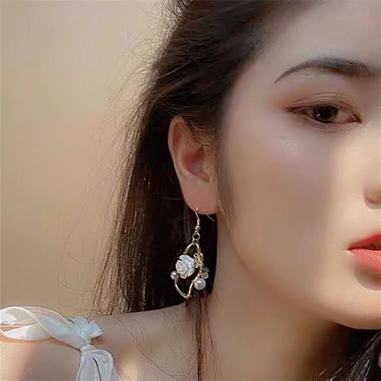White Tanuki Enchanted Rose Earrings
