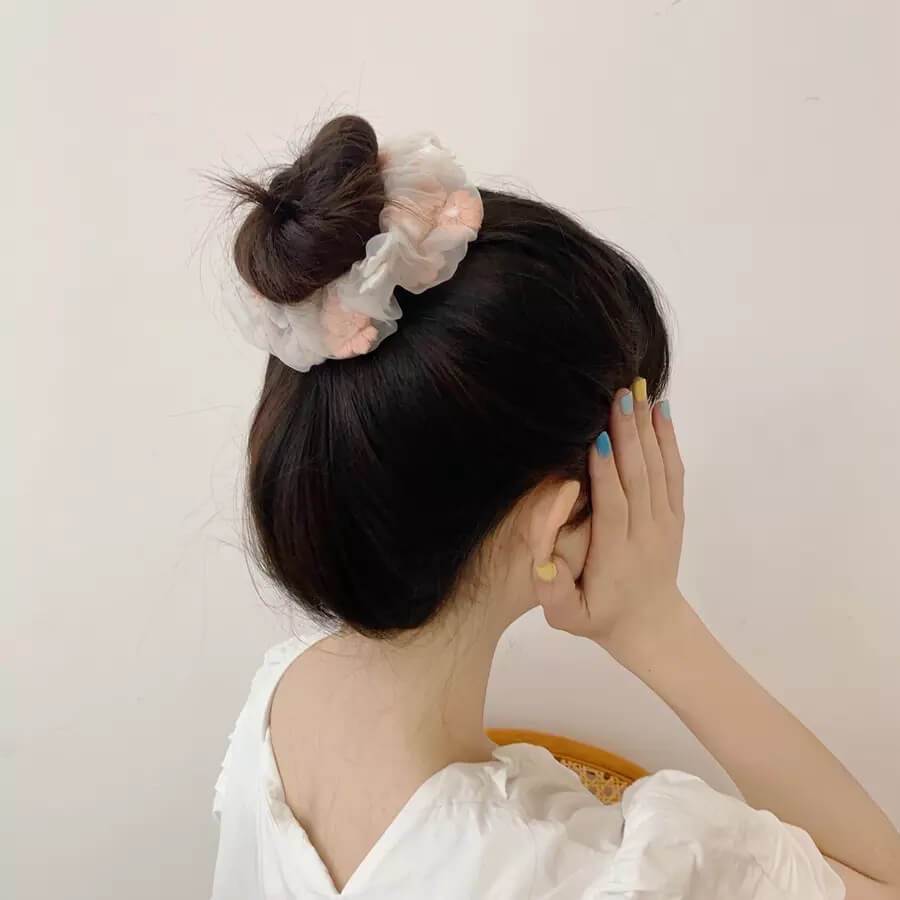 White Tanuki Floral Scrunchies