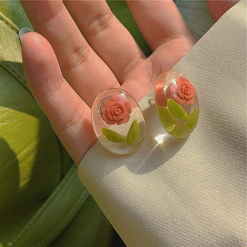 White Tanuki Glass Rose Earrings