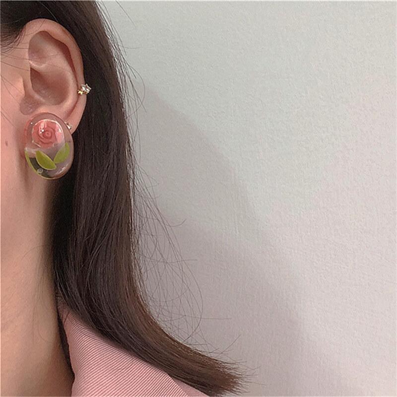 White Tanuki Glass Rose Earrings