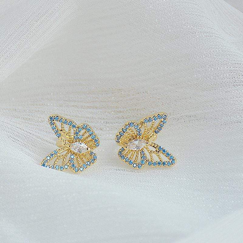White Tanuki Gold Butterflies Earrings