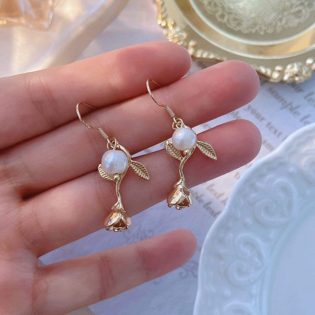 White Tanuki Gold Rose Earrings