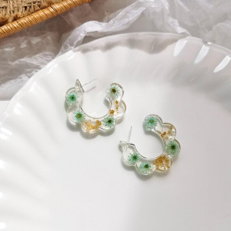 White Tanuki Green Floral Fields Earrings