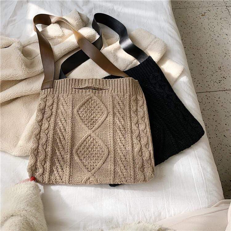 White Tanuki Knitted Winter Tote Bag