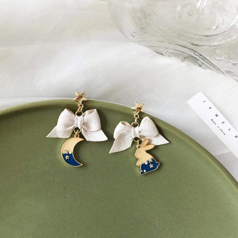 White Tanuki Moon Rabbit Earrings
