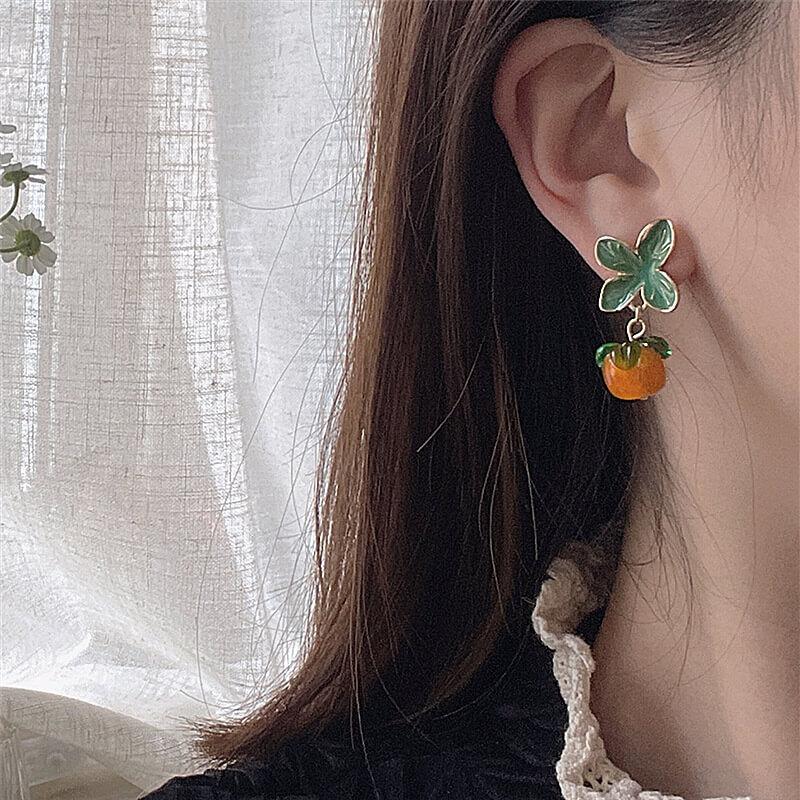 White Tanuki Orange Tree Earrings