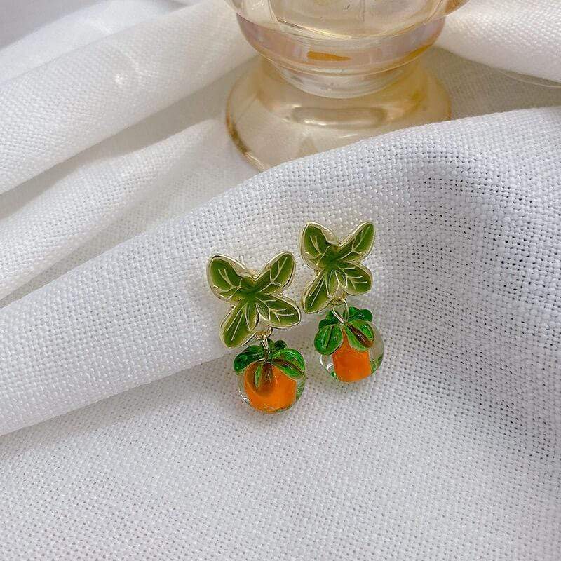 White Tanuki Orange Tree Earrings