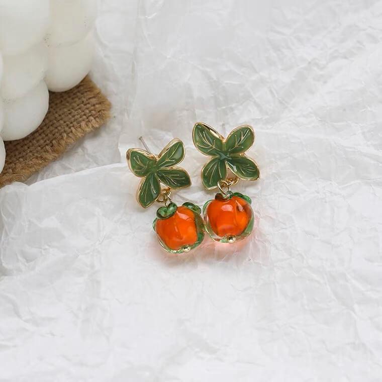 White Tanuki Orange Tree Earrings